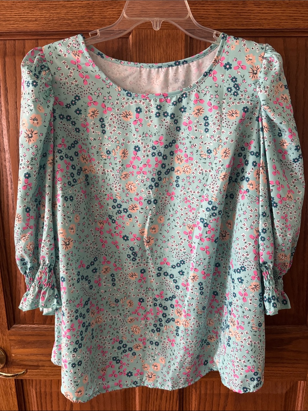 SHEIN Mint Floral Puff Sleeve Blouse